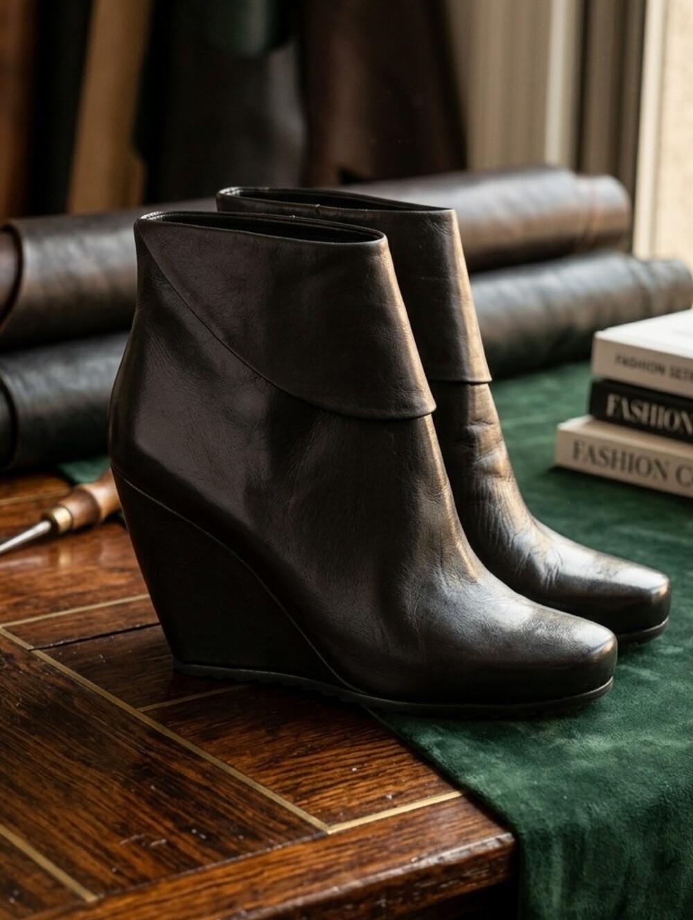 475. Mimosa Italian Black Leather Wedge Boots, Booties